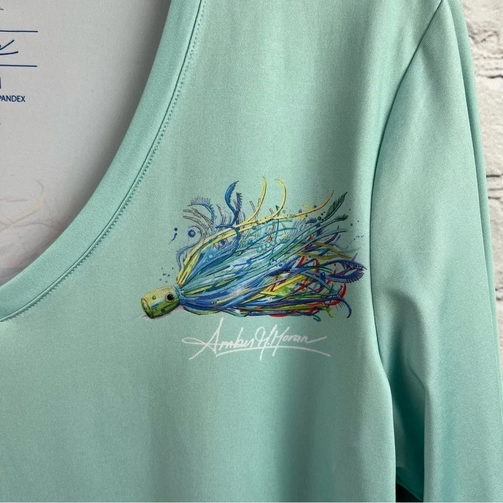 Art & Sol Amber Moran Womens Shirt Seafoam Fishing Lures Stretch V Neck Medium - Picture 5 of 10